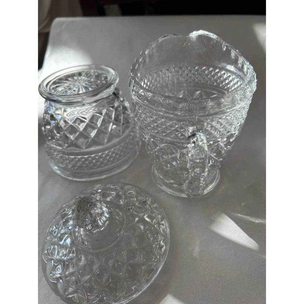 Vintage‎ Crystal Glass Sugar Bowl with Lid and Creamer Pitcher Set Wexford